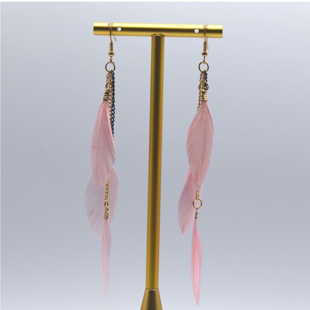 Beautiful Light Pink Feather Boho Earrings with Gold Accent